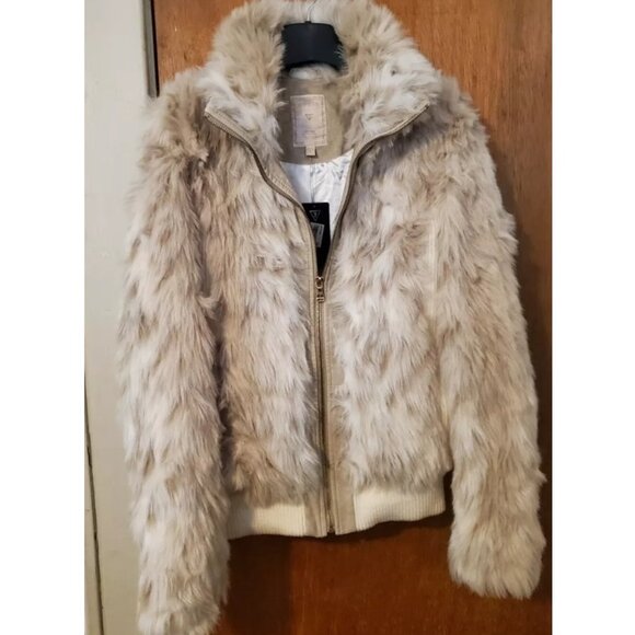 NWT Vintage Guess Snow Leopard Zippered Faux Fur Coat with Rib Knit Accent - Picture 1 of 7
